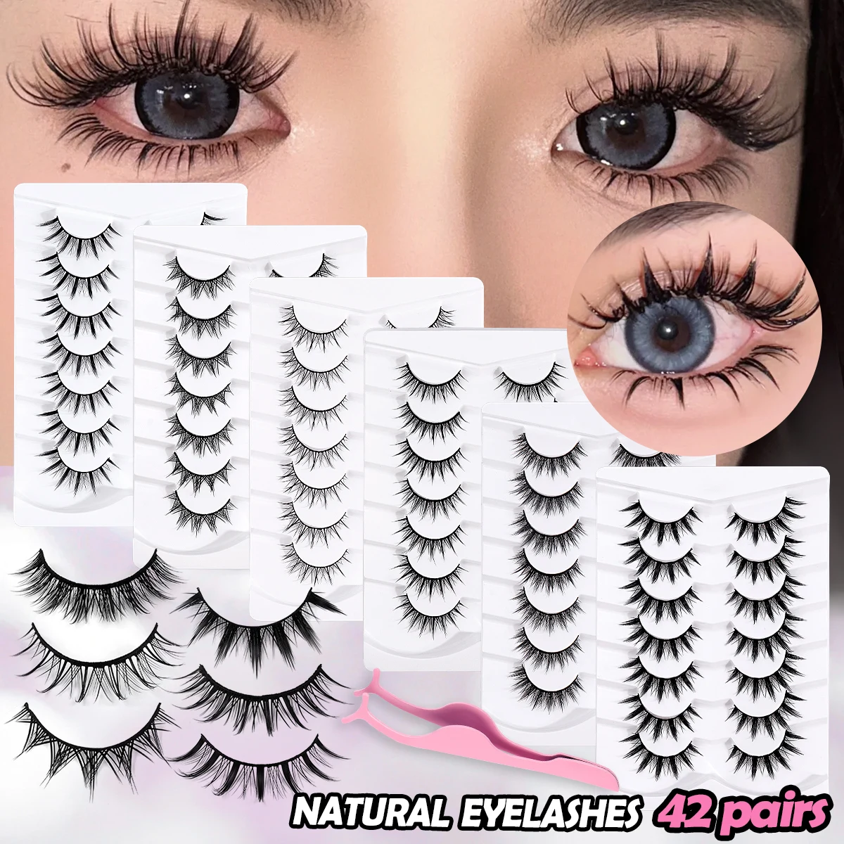 

MAGEFY 42 Pairs Fake Eyelashes with Tweezers Cat Eye Lashes 3D Curling Natural Look Manga Lashes Fluffy Dense Enlarge Eye Beauty