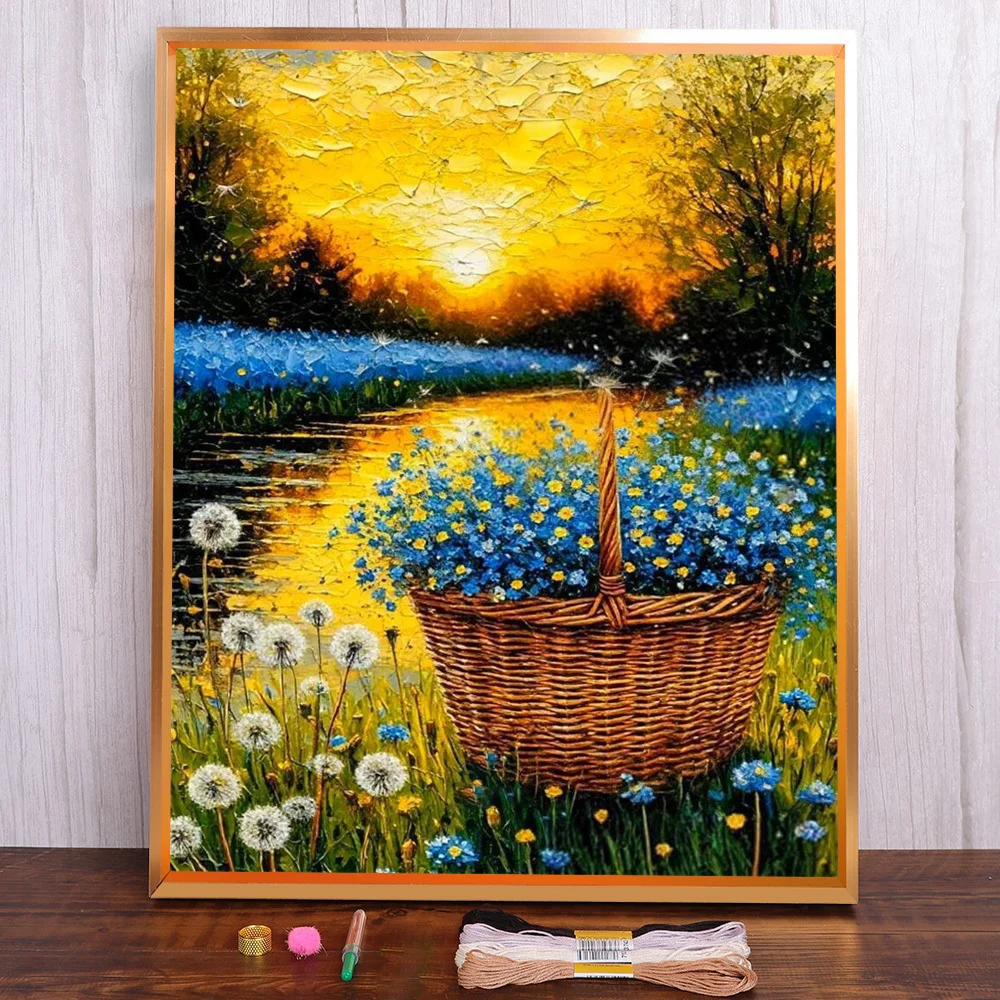 

Scenery Flower Basket Printed Fabric Cross Stitch Complete Kit Embroidery Handicraft Handiwork Craft Sewing Design Gift Sales