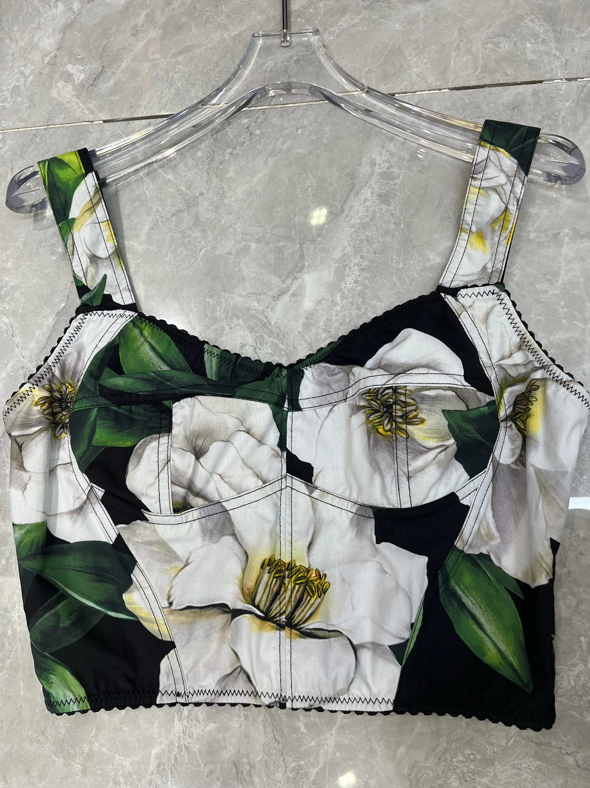 

Faionable Bla Cotton Strap Vest High Quali Magnolia Flower Print ort Sle Zipper Closure Women's Vest Top