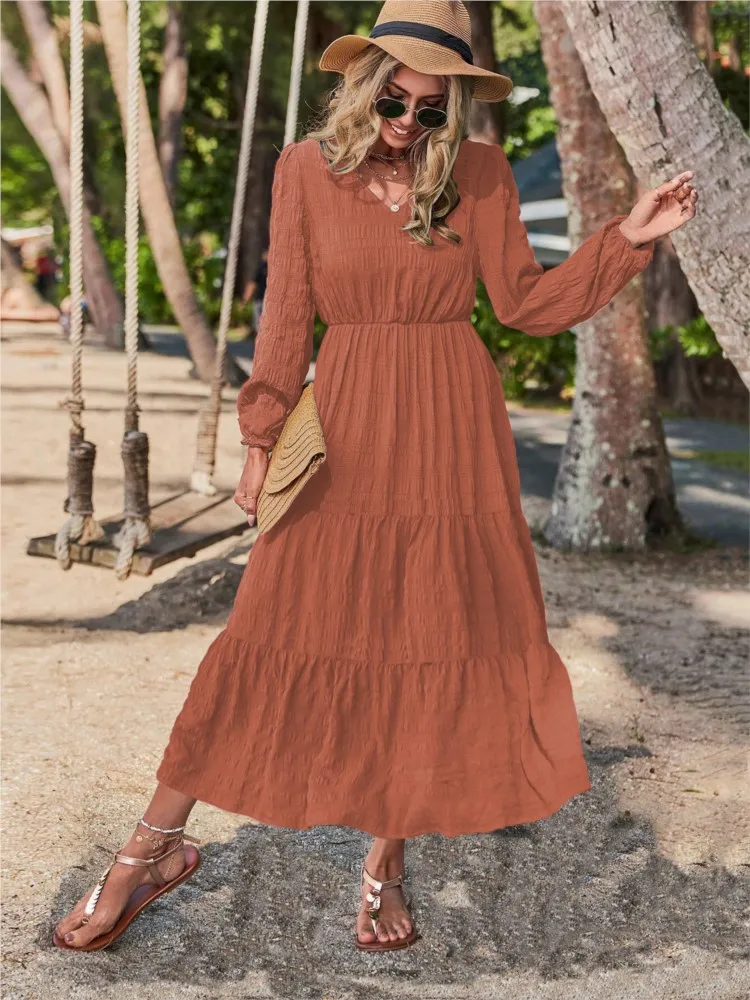 

Spring New Dress Elegant V-neck High Waisted Ruffle Spliced Long Dress Autumn Streetwear Women's Large Swing Dress Femme Robe