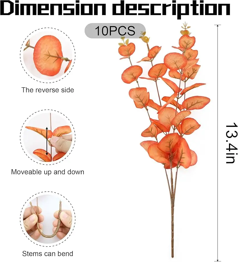 10 個の秋のユーカリの茎 秋の花 フェイクオレンジユーカリの葉 感謝祭の装飾用 秋のパーティー ホームベッドルームの装飾用