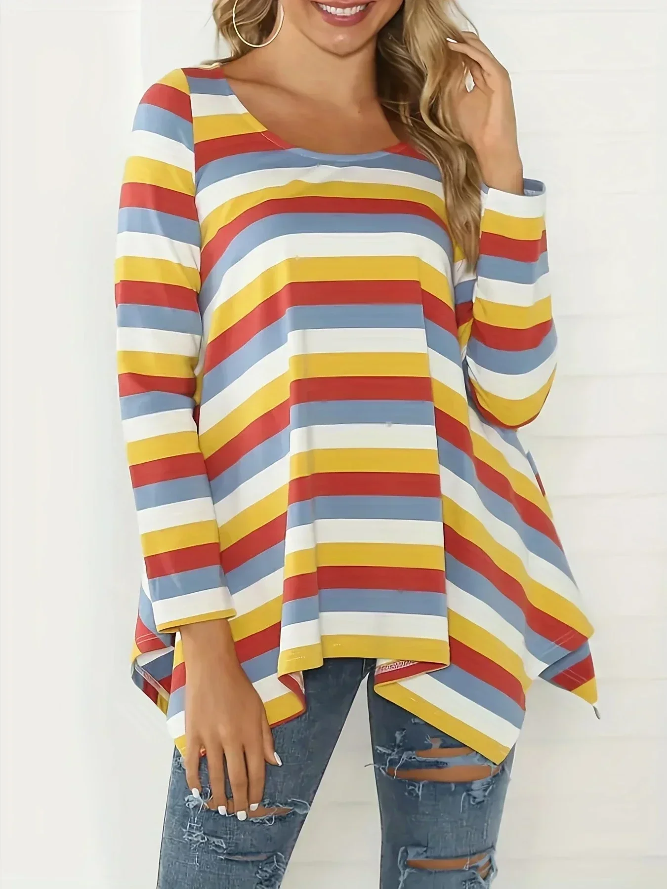 

Женская повседневная футболка размера плюс 1XL-5XL, полосатая футболка с длинным рукавом и круглым вырезом, асимметричный подол, слегка эластичная футболка, топы