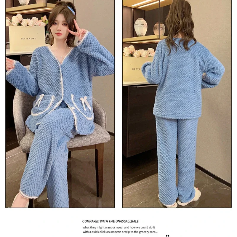 Plus Size Coral Velvet Pajama Set Women Winter Thickened Loose Flannel Home Clothes Korean Sweet Nightwear Can Be Worn Outside