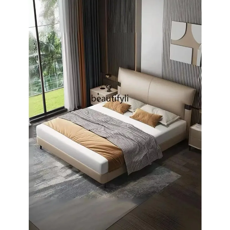 K132 Italian leather bed minimalist modern flush edge soft bed master bedroom first layer cowhide double bed