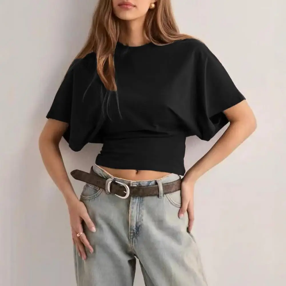 

Женская футболка, стильная женская однотонная футболка, коллекция дышащей футболки с круглым вырезом, топ с рукавами реглан для работы, повседневной носки