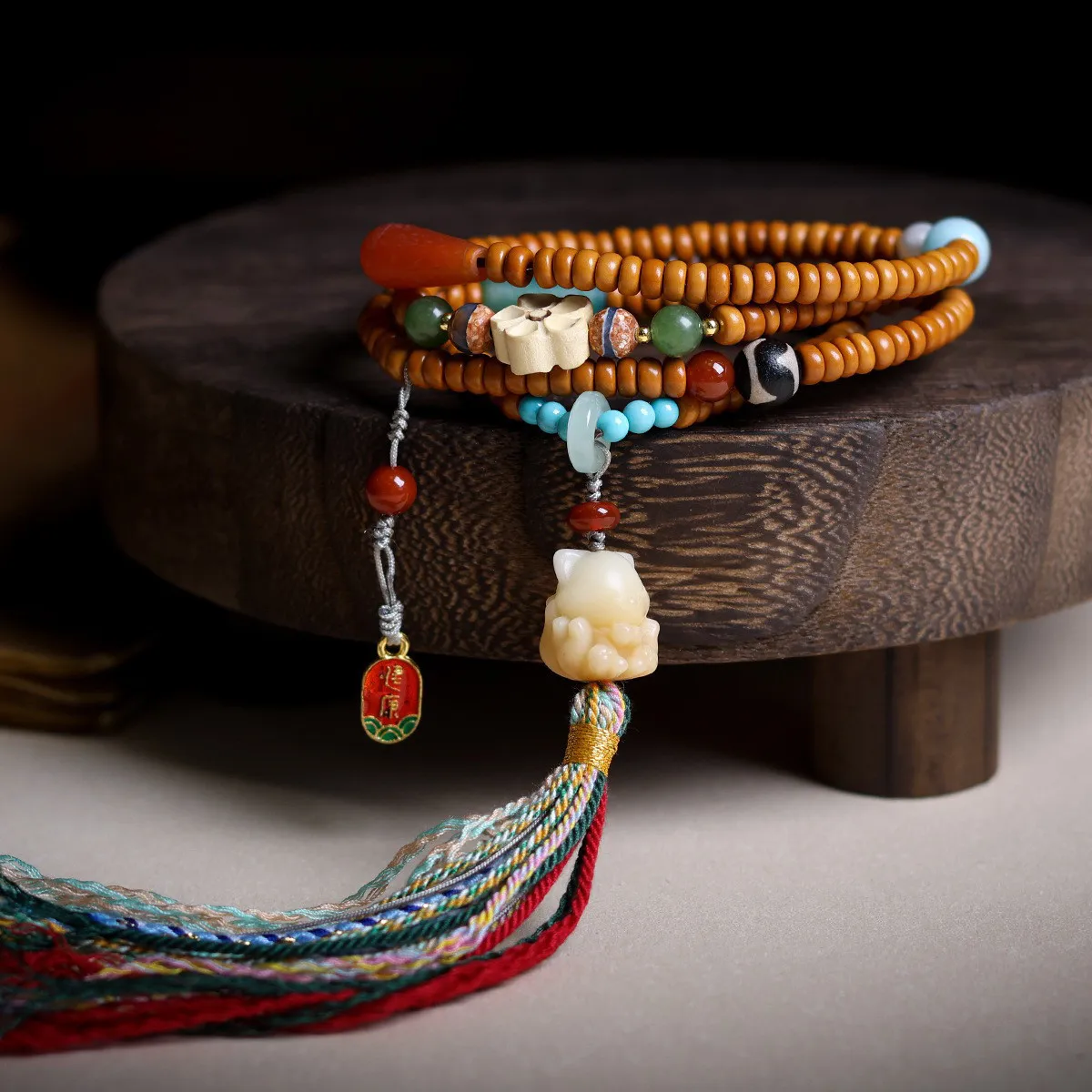 Chinese Style 3x5mm Olive Core Tablet Beads Multilayer Bracelet Bodhi Root Nine Tailed Fox Peach Wood Lucky Blessing Peace Praye