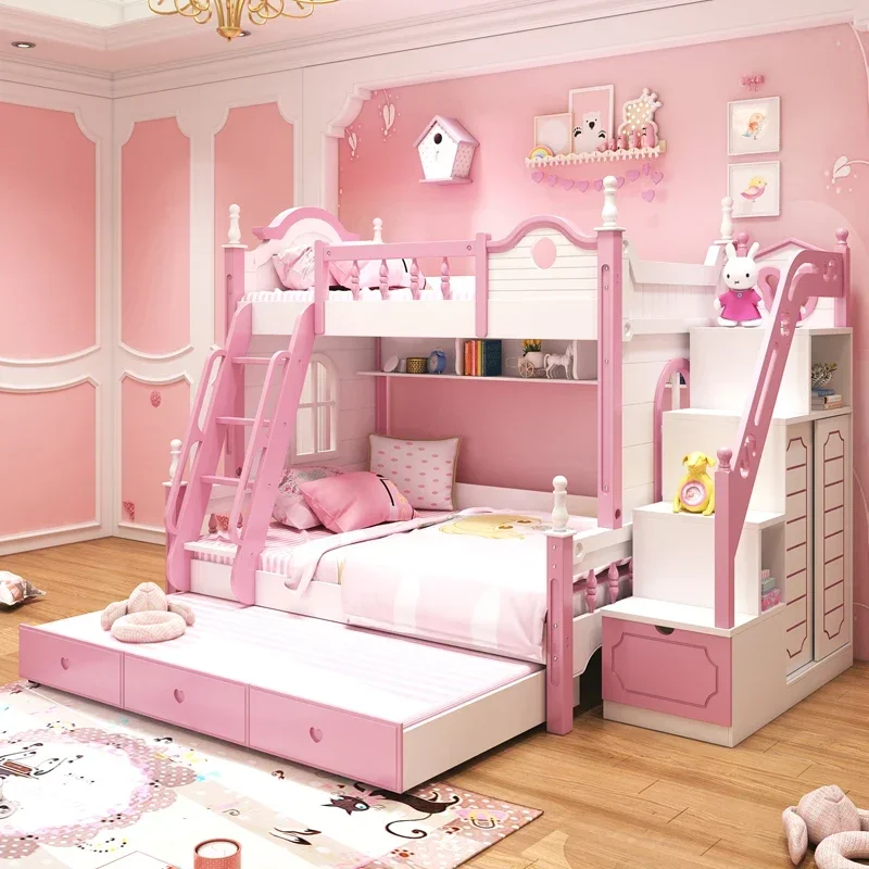 Children's Bed In And Out Of Girl Bunk Princess Pink Bunk Bed Solid Wood Mother And Son Multi-purpose Combi