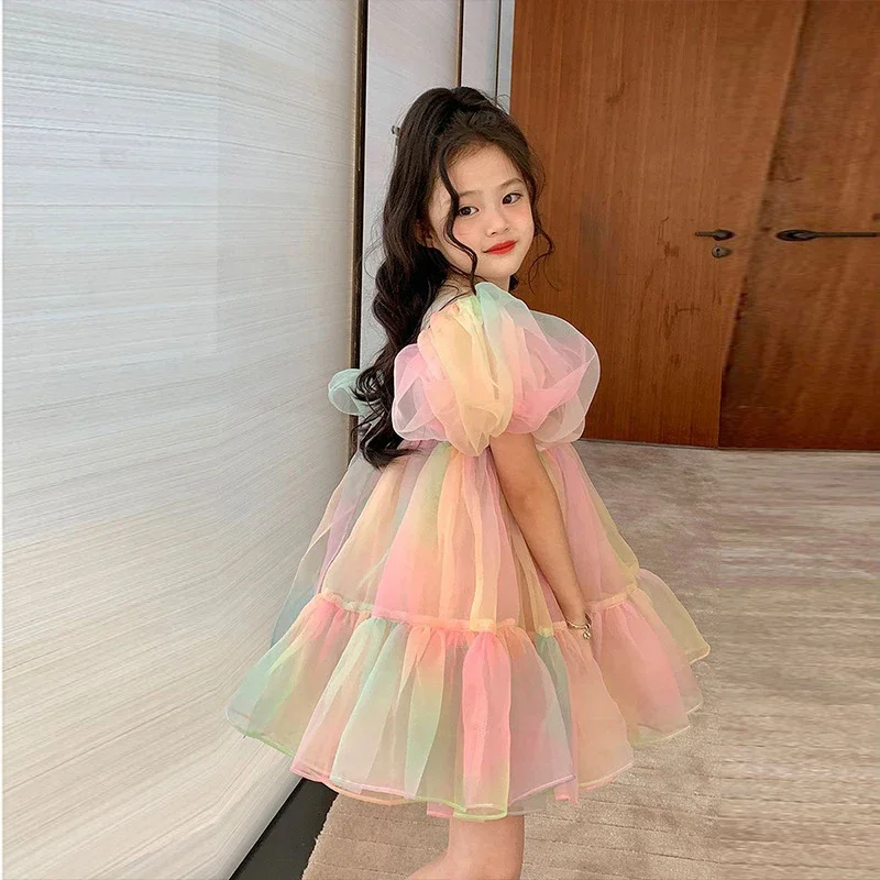 Robe à bulles princesse pour filles, vêtements d'été pour bébés, manches bouffantes, robes en tulle pour enfants, 2 ans, 3 ans, 4 ans, 5 ans, 6 ans, 2024