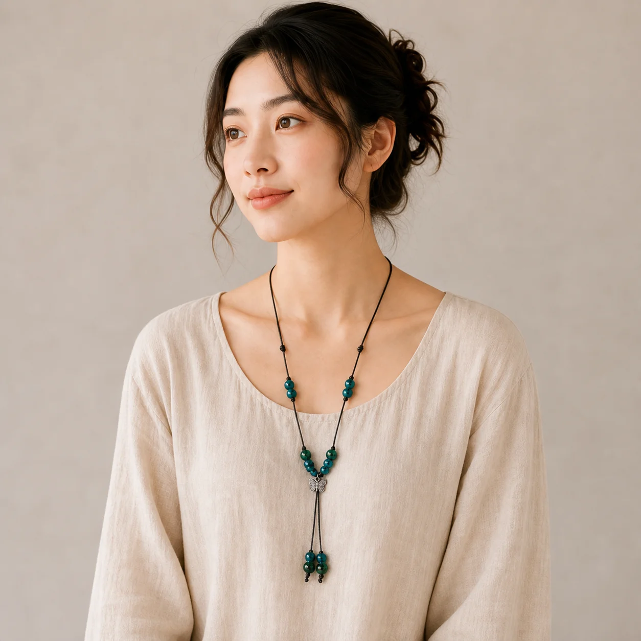 Spotted Green Butterfly Handmade Ceramic Bead Necklace with Handwoven Waxed Cord and Metal Butterfly Accent 608P7-06
