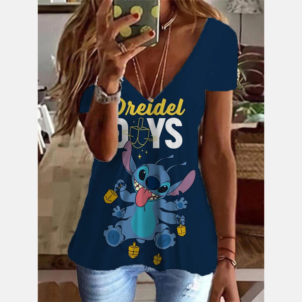 Fashion Disney Stitch print Casual V-neck Top Tee Shirt Women Black White T-shirtWomen T Shirt Harajuku Short Sleeves T shirts