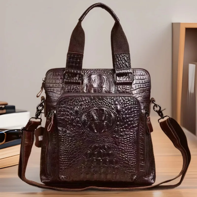 Crocodile pattern men's handbag, genuine leather vertical business large-capacity single-shoulder bag, travel crossbody bag