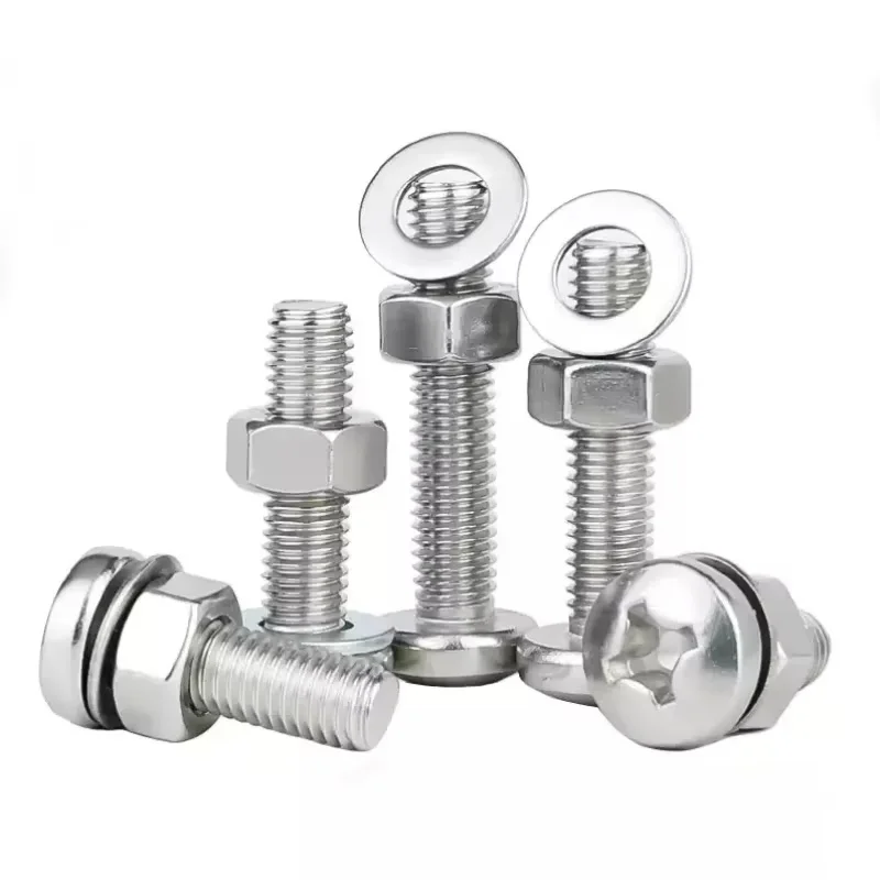 1-50sets Cross Pan Round Head Machine Screw with Lock Washers and Nuts M2 M3 M4 M5 M6 M8 M10 Stainless Steel Screw and Nuts