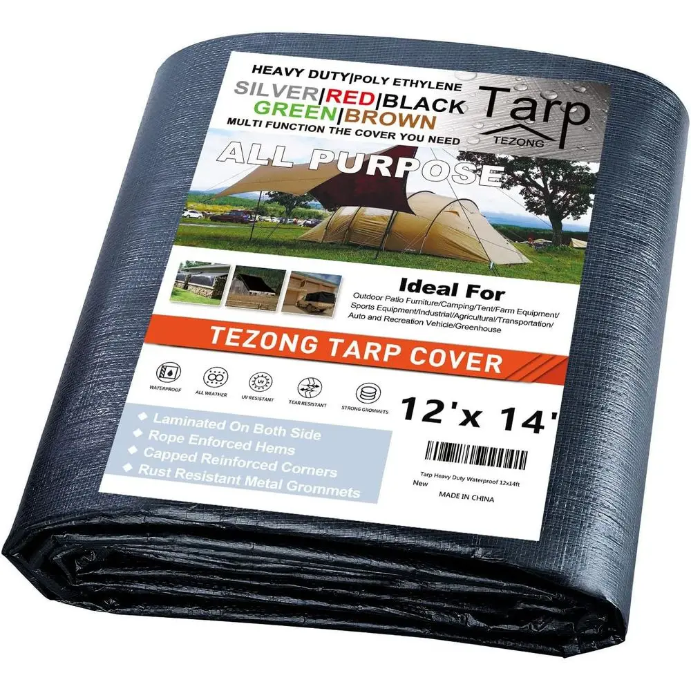 Lona Impermeable Resistente de 12x14 pies, Color Negro - Cubierta para Exteriores, Patio, Madera, Techo, Camping, Auto, Piscina