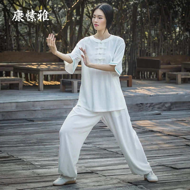 

women yoga tai chi kungfu set linen loose quickly dry sweatshirt+pant jogger workout outfit casual meditation martial arts set