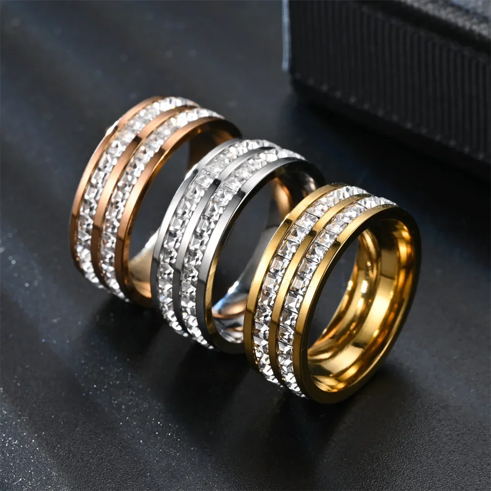 4mm/8mm Stainless Steel Lover Couples\'s Men Women CZ Cubic Zircon Rings Rose Gold Color Fashion Jewelry Size 4 5 6 7 8 9 10 11