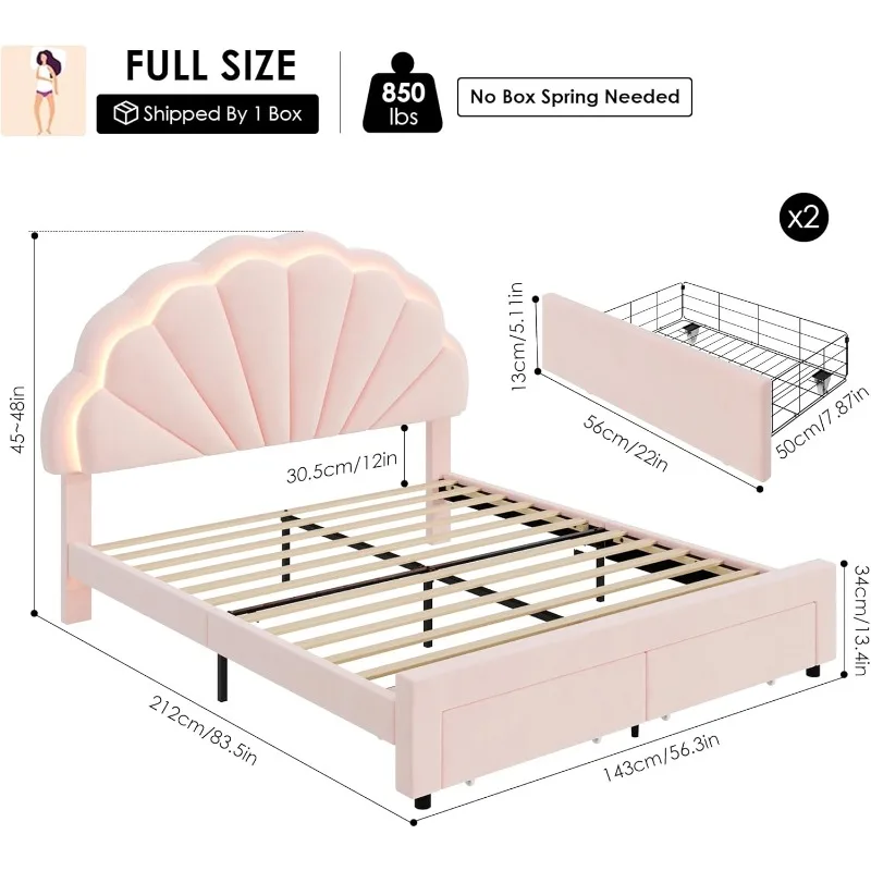 Full Size Upholstered Smart LED Bed Frame with 2 Storage Drawers and Adjustable Headboard, Solid Wood Slats Support, Pink