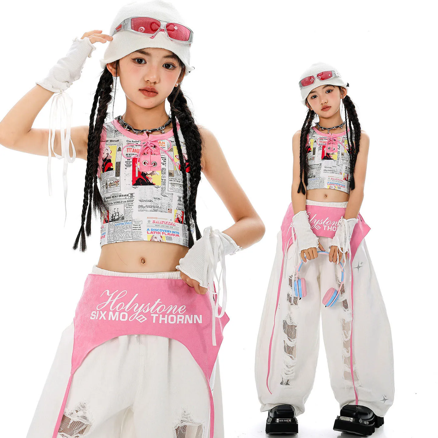 

Kid Kpop Hip Hop Clothing Newspaper Print Crop Tank Top White Casual Wide Leg Ripped Pants for Girl Jazz Dance Costumes Clothes
