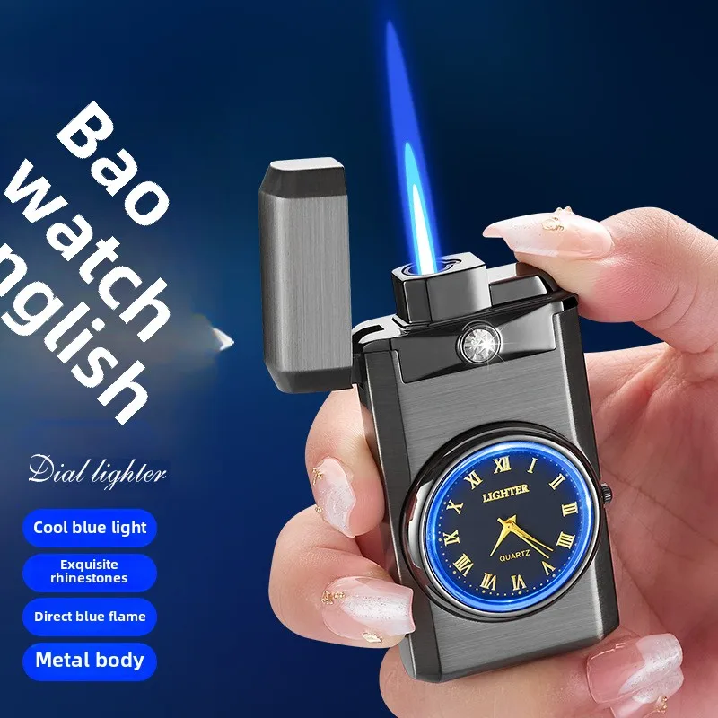 Watch Butane Inflatable Lighter Exquisite Blue Light Dial Inlaid with Diamonds Fashionable Straight Forward Lighter Men's Gift