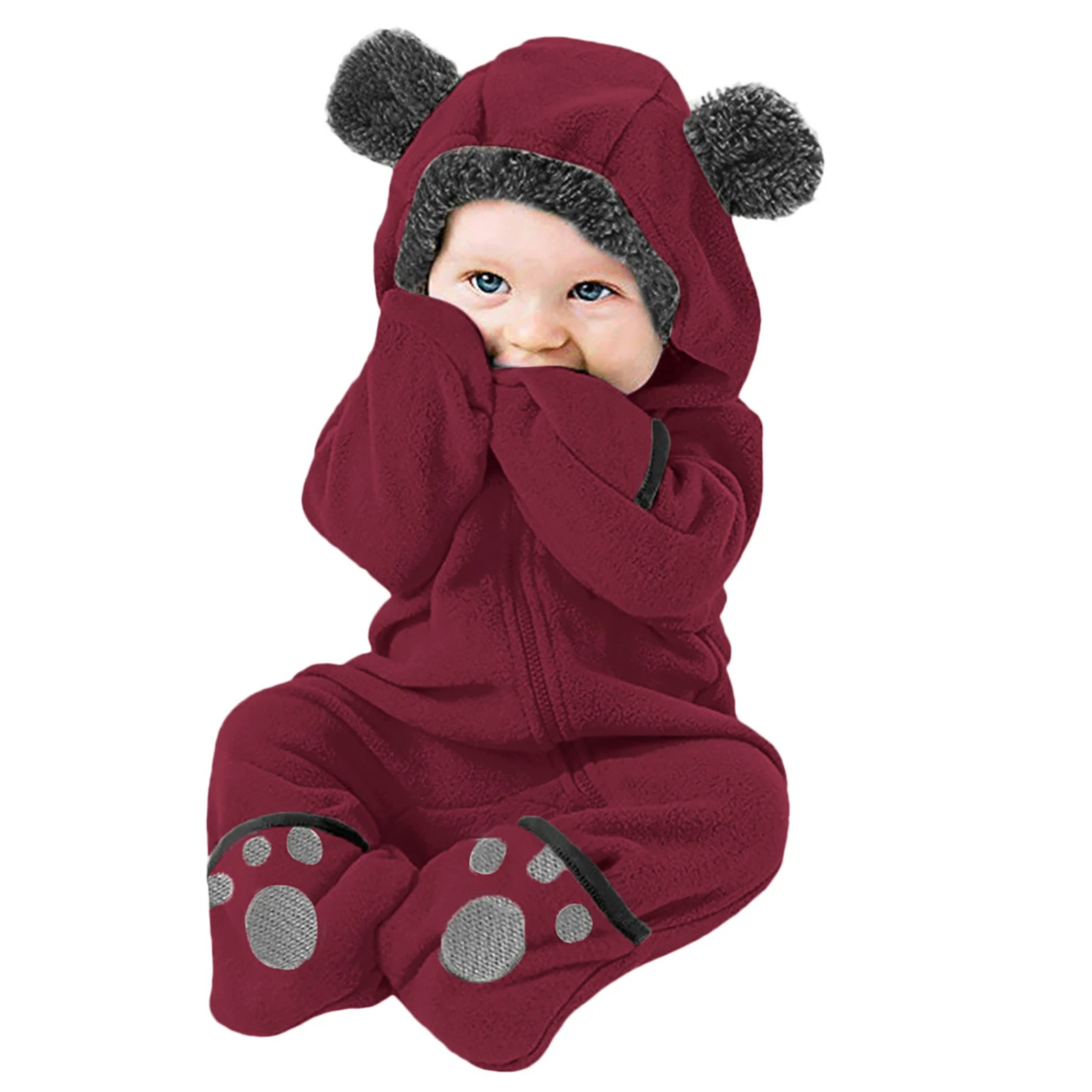 Cute Footies Newborn Clothes Baby Girl Boy Fuzzy Hooded Romper Winter Warm Baby Long Sleeve Bear Ears Zipper Jumpsuit 0-12 Month