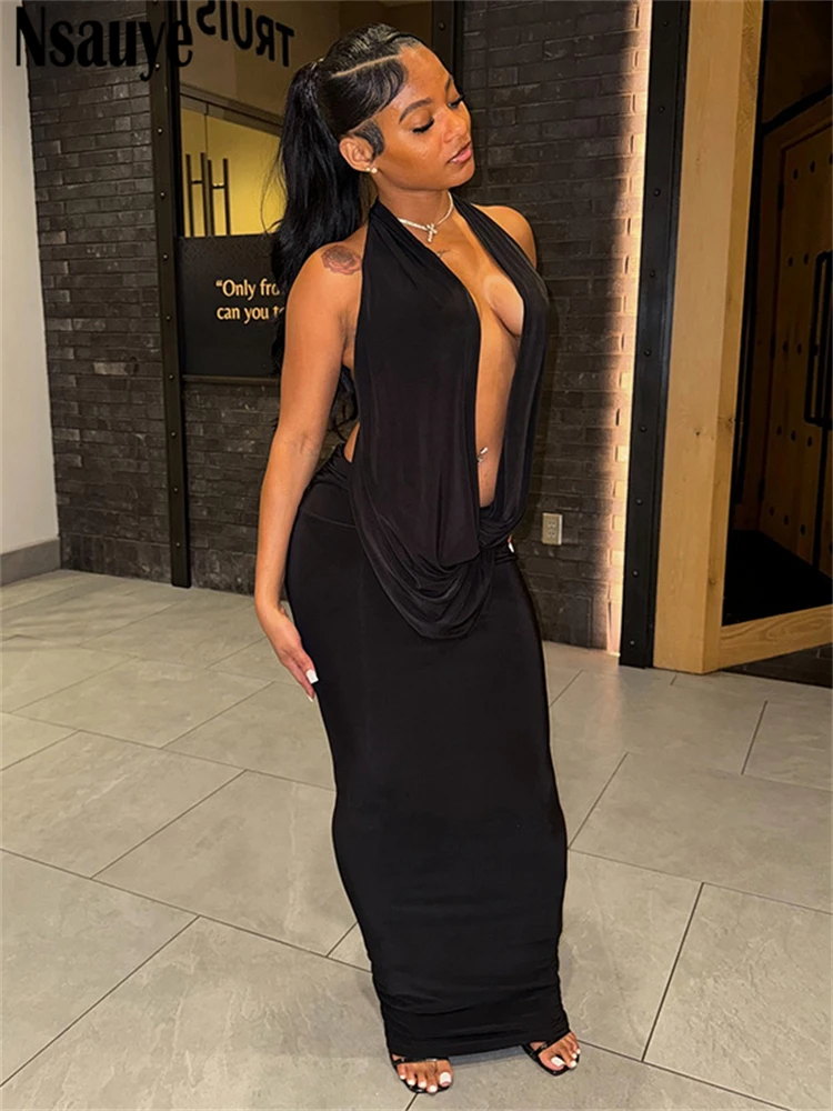 Nsauye elegante vestidos de festa feminino sexy night club nova moda maxi baixo corte halter sem costas vestido de verão longo 2025 outono