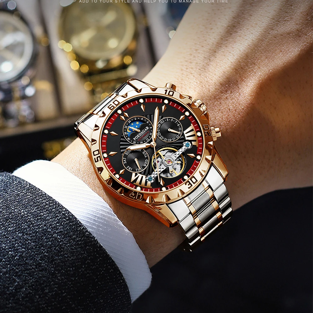 POEDAGAR ساعات رجالية متعددة الوظائف موضة أصلية ساعة ميكانيكية أوتوماتيكية للرجل الياقوت مرآة جوفاء دولاب الموازنة التاريخ