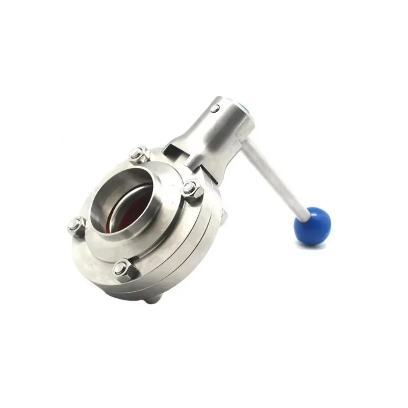 SS304/SS316L Forged Dairy Butterfly Valve SMS Union Type Food Grade butterfly Valve Blue Pull Multi-Position Handle DN10-DN250