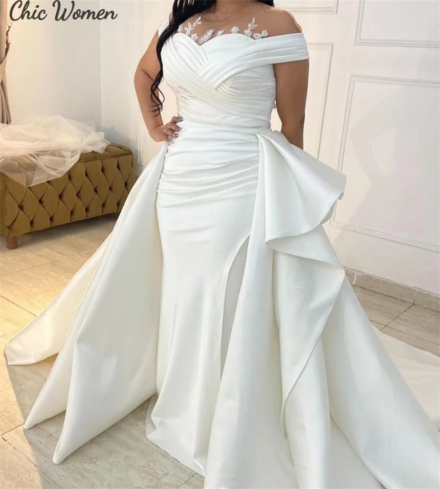 Large Size Mermaid Wedding Dress With Detachable Train Elegant Appliques Satin Church Dubai Bridal Gowns Hispanic Garden Bride