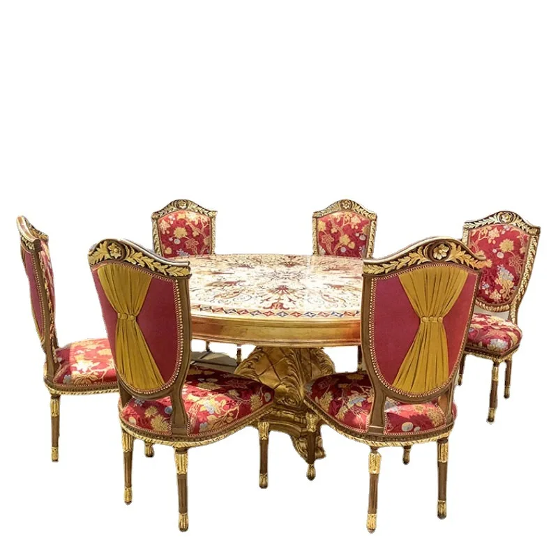

French Italian dining table and chairs villa mansion clubhouse European French parquet neoclassical luxury plus round table