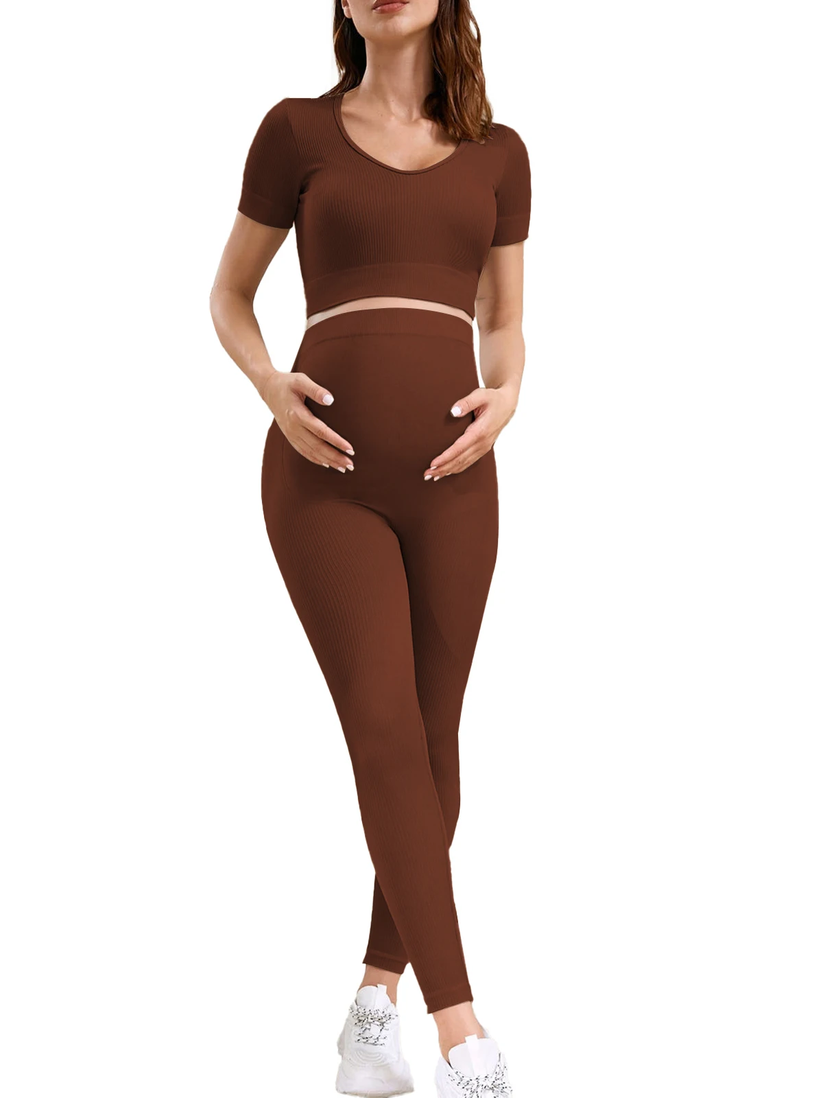 Womens Maternity 2 Piece Workout Set for Short Sleeve Crop Top & Yoga Leggings for Pregnancy Activewear Outfit