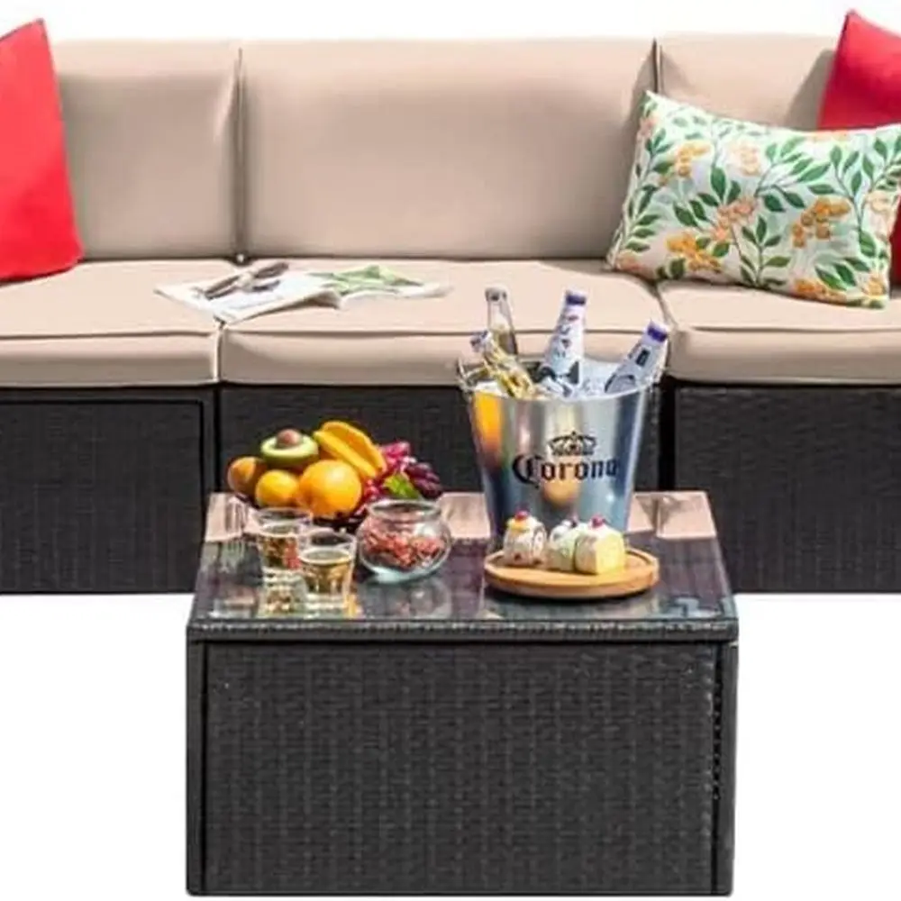 

6-Piece Outdoor Sectional Rattan Sofa Set with Manual Woven Wicker, Glass Table, and Beige Cushions