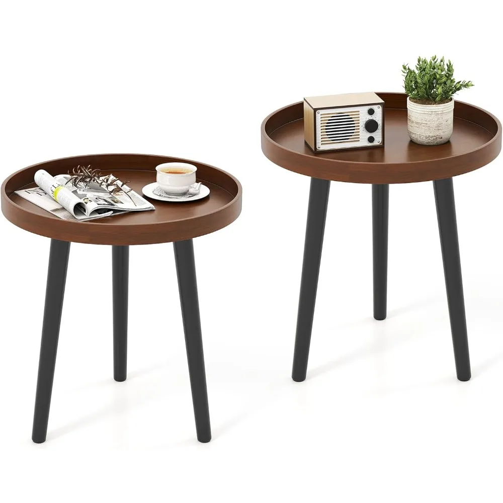 

Giantex Round End Table Set of 2, Mid Century Modern Side Tables with Wooden Tray & Bamboo Legs, Sofa Couch Accent Table, Small