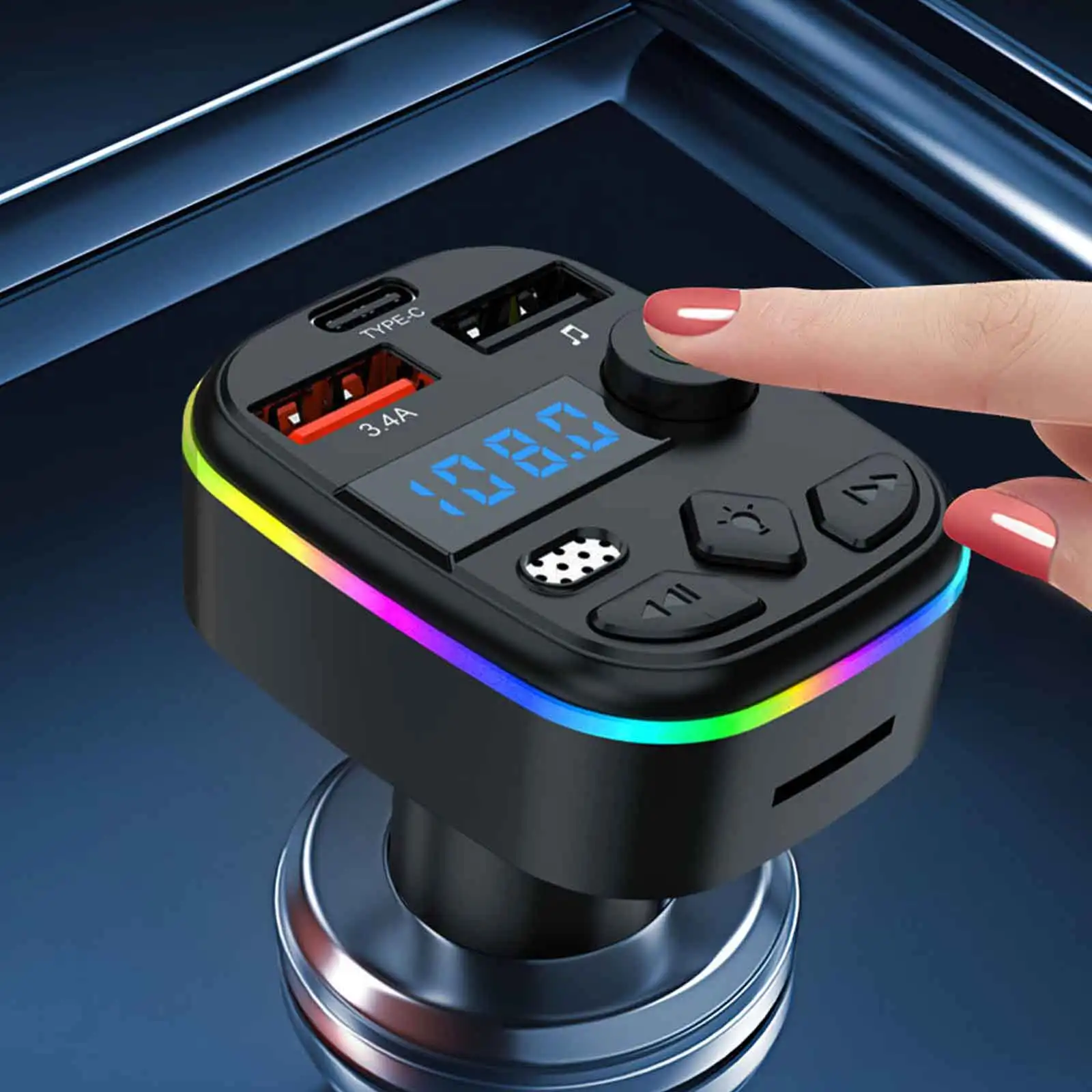 

Car Charger Bluetooth 5.0FM Transmitter PD-c Dual USB Environment Player MP3 Charger Type C Wireless Light Hands-free