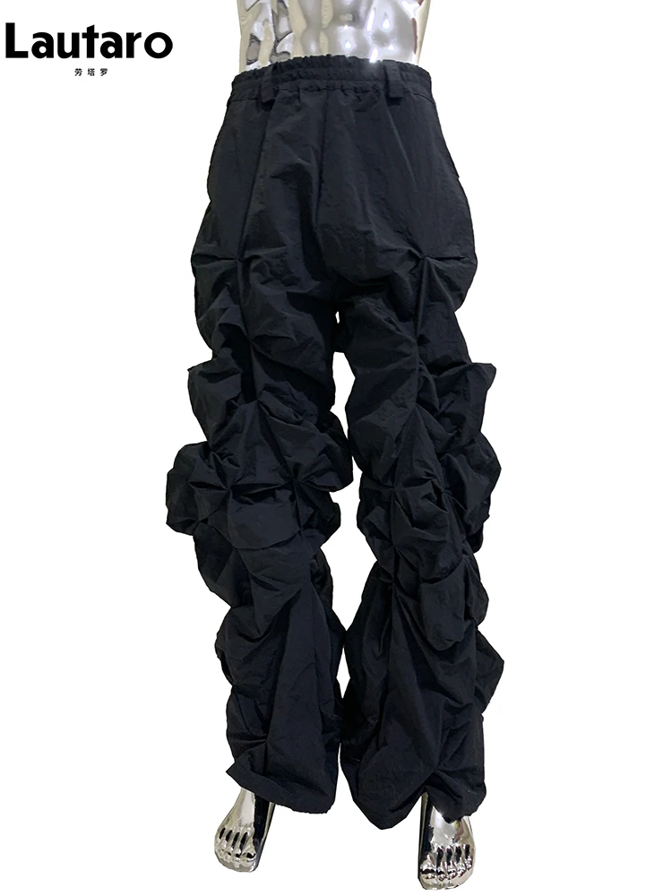 Lautaro Autumn Long Black Waterproof Stacked Pants for Mens with High Elastic Waist Luxury Designer European Fashion Clothing