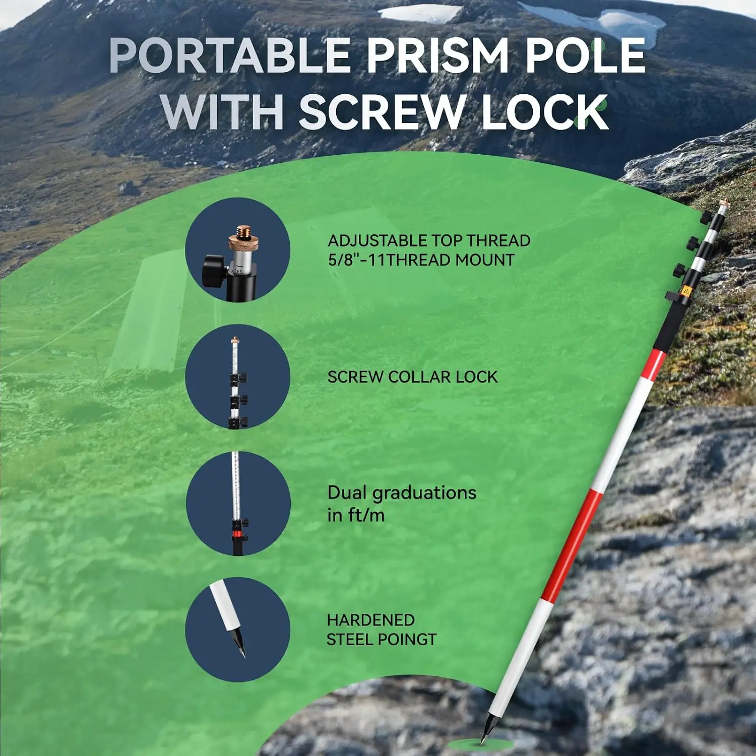 4.65m/15.25FT Aluminum Prism Pole - Dual Scale, Quick Release Clamp & 40-Minute Bubble Level, Survey GPS Pole for GPS/GNSS/Total