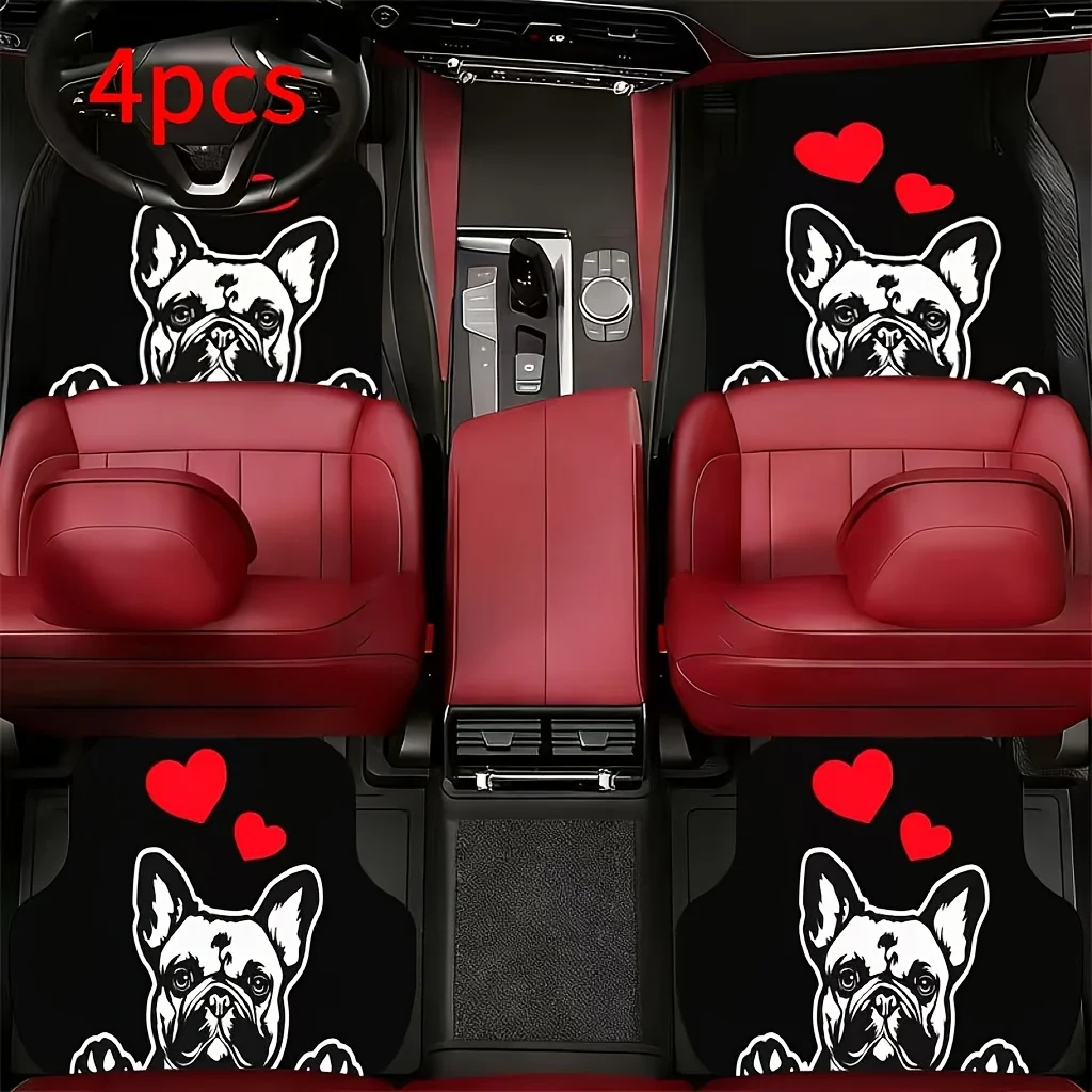 4pcs French Bulldog Pattern Car Floor Mats | Polyester, Universal Fit, Washable, Durable, Easy To Clean, Suitable For All Season