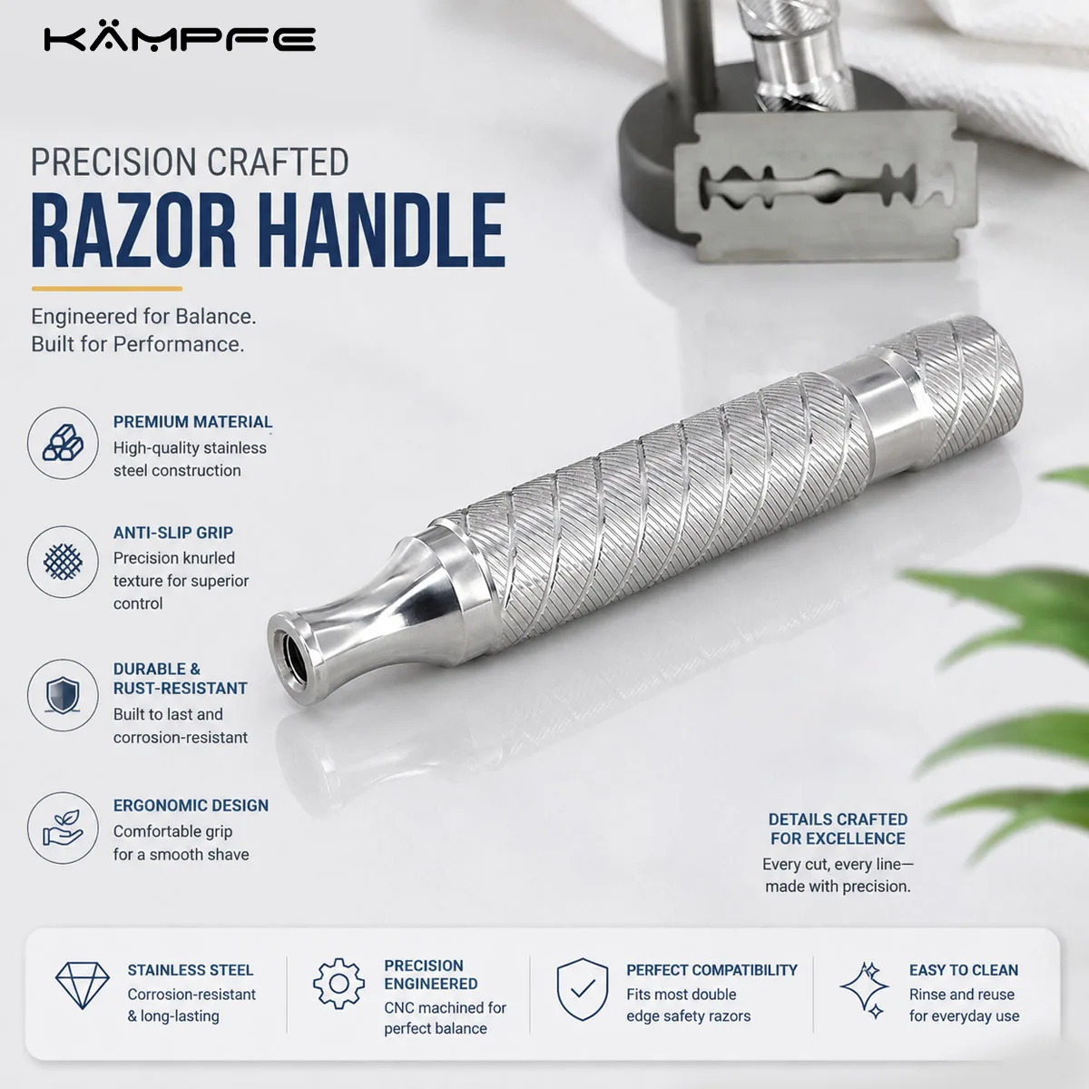 KAMPFE Polished CNC Stainless Steel Manual Shaving Handle Men Double Edge DE Safety Razor Handle Replacement Beard Grip Shaving