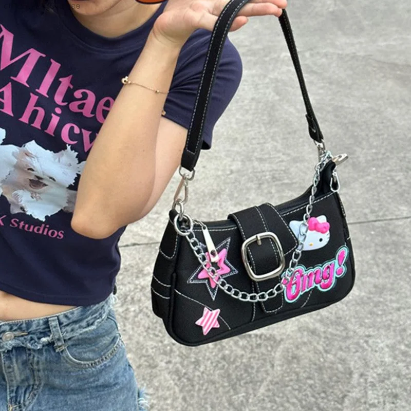 Sanrio Bags Y2k Spicy Girl Hello Kitty Star Underarm Bag Women Fashion Chain Black Luxury Handbags Trend Shoulder Bag For Female