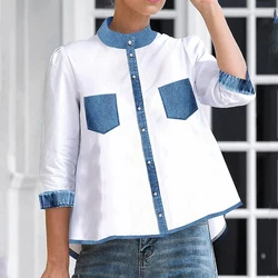 2025 New Women Fashion Fake Pockets Patchwork Blouses Spring Summer High-Low Buttoned Mock Neck Casual Shirts Tops