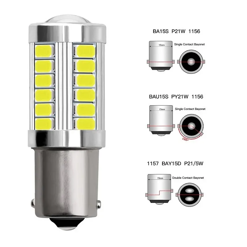 2 PCS PY21W P21/5W 1156 Ba15s 1157 Bay15d For Car LED Bulbs Turn Signal Light 12V 33SMD 7000K White Brake Reverse Parking Lamps