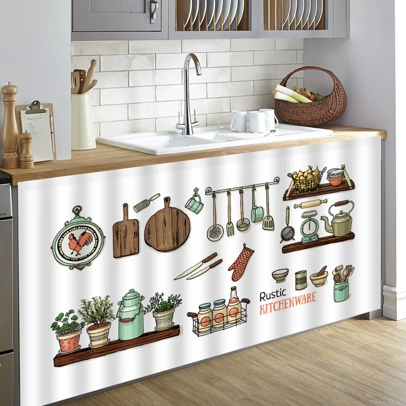 VIKAMA Retro Kitchenware Printed Cabinets Curtains Non Porous Sliding Rails Dustproof And Miscellaneous Hidden Beautiful Home