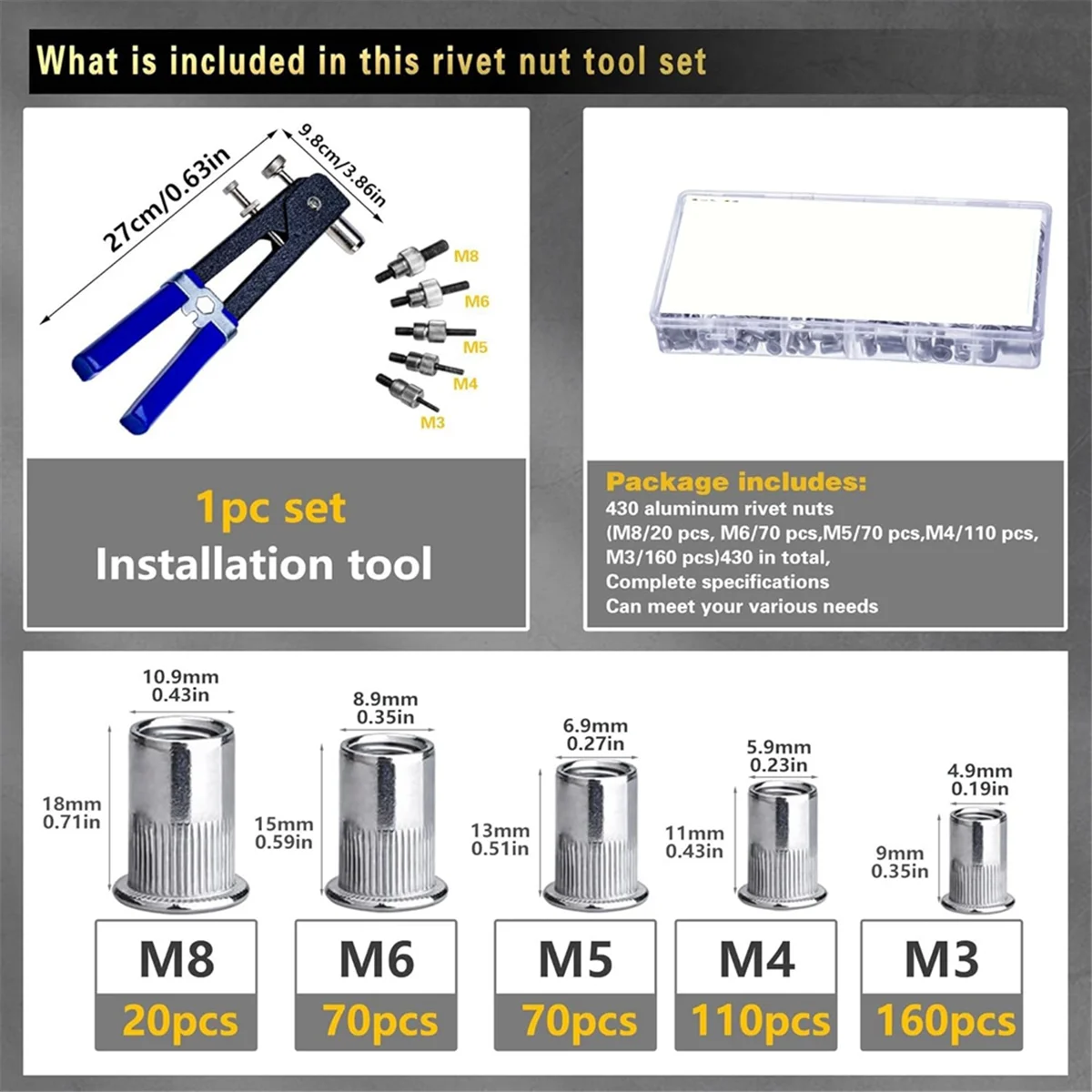 ABXK Pressure Rivet Nut Tool Kit, 430Pcs Metric Rivet Nut Combination (M8/M6/M5//M3), Suitable for Furniture, Decoration A