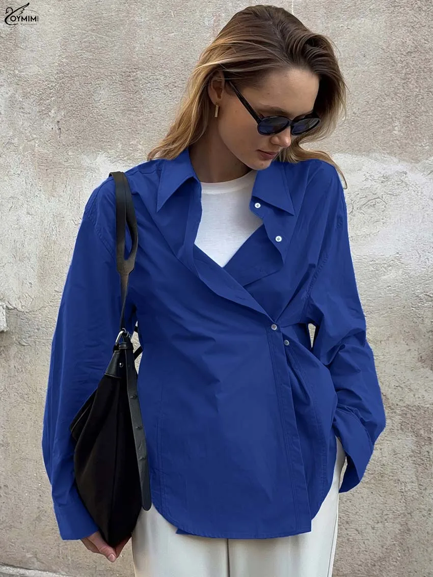 

Oymimi Elegant Blue Cotton Women's Shirt Fashion Turn-Down Collar Long Sleeve Shirts Casual Single Breasted Solid Blouses Female