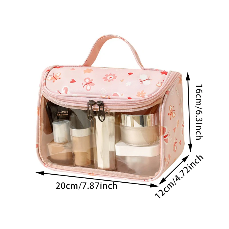 1Pc Flower Printed Makeup Bag Transparent PU Waterproof Portable Travel Cosmetic Pouch Cute Convenient Toiletries Bag for Women image 6