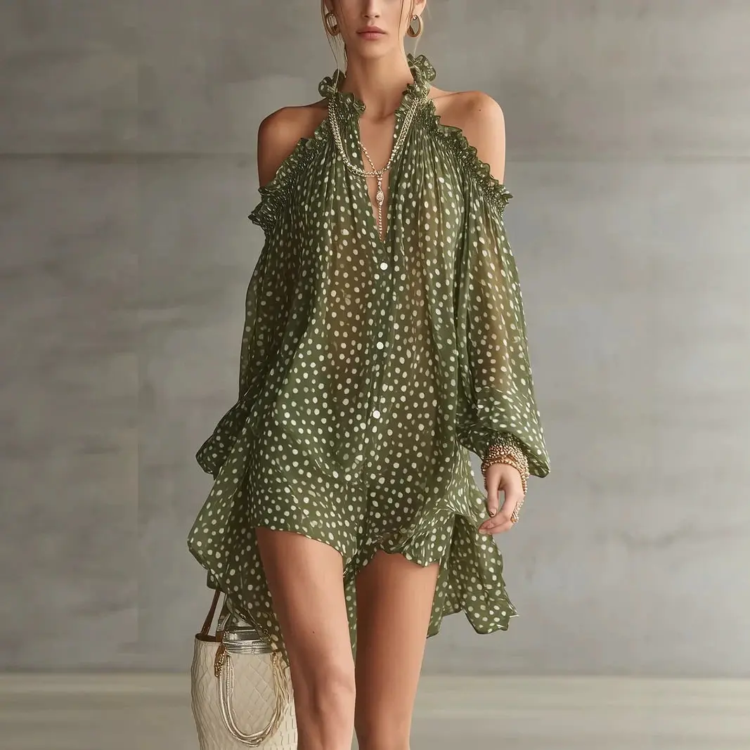 Women Polka Dot Party Cocktail Short Dress Halter Cold Shoulder Long Sleeve Loose Fit Evening Mini Dress Vestidos Mujer