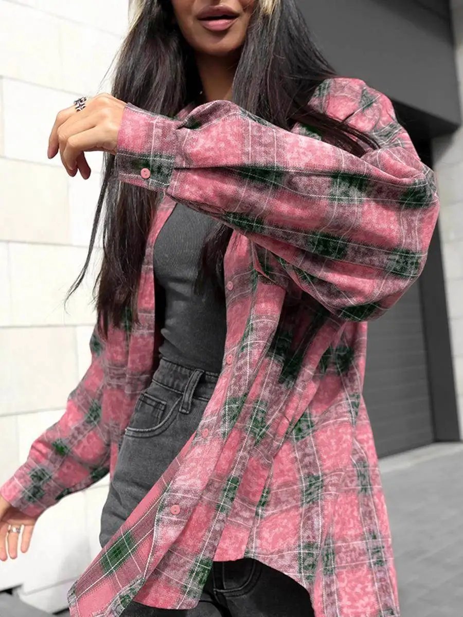 

Retro American Plaid irt Loose Mid-Length Women's Long Sve Button-Up Casual irt for Autumn Faion Ladies' Clothing