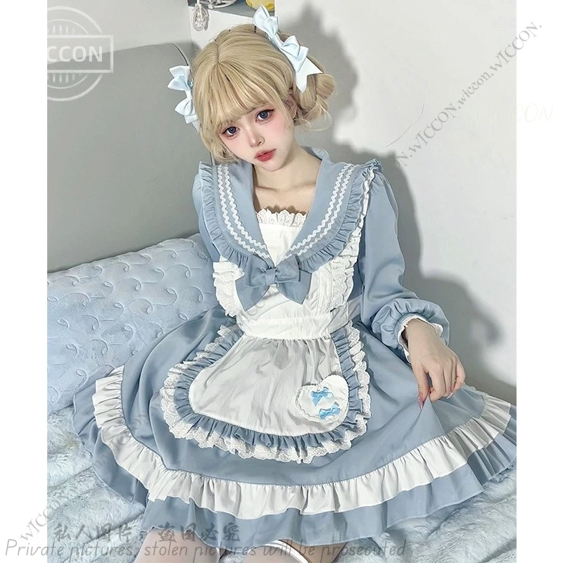 Japanese Cute Sailor Costume Maid Apron Suit Navy Collar Long Sleeve Lolita Dress Cute Woman S-L Kawaii Dating Outfit Lolita Set