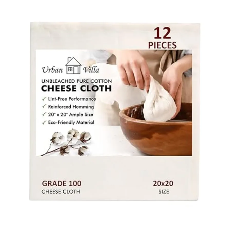 

Urban Villa 12 Pcs CheeseCloths Grade 100 Unbleached Muslin Cloth for Straining Cheese Yogurt Juice and Butter Making Reusable