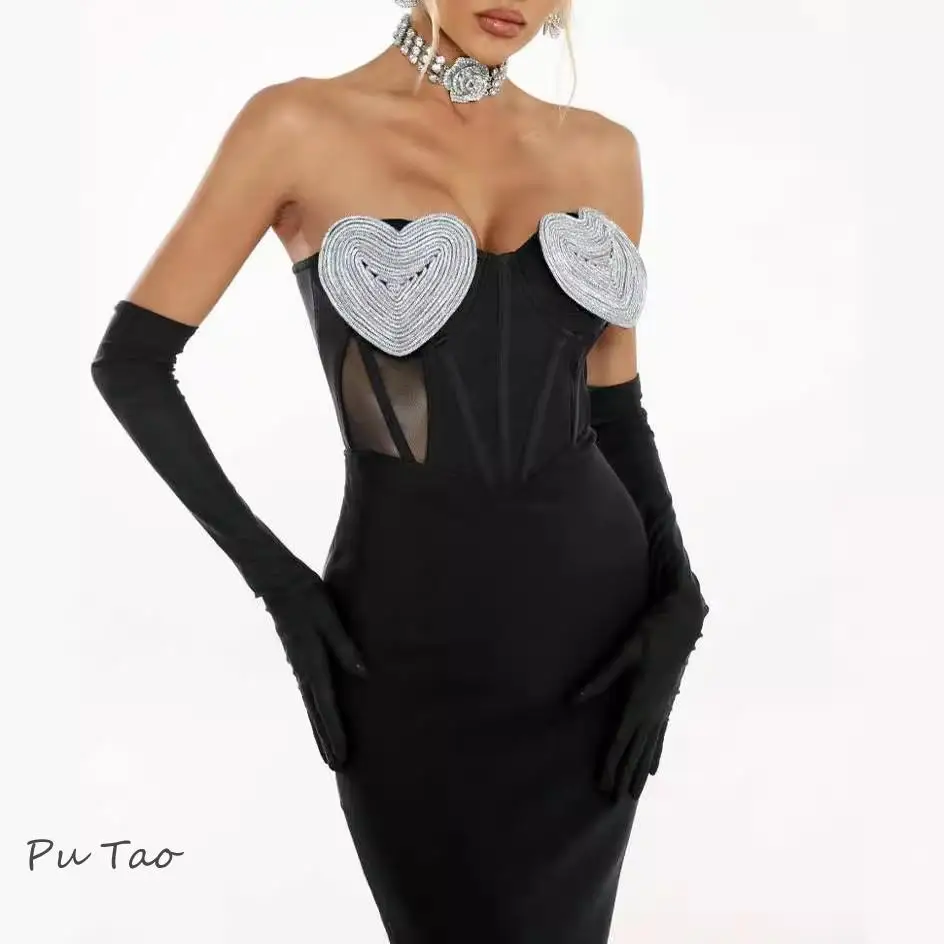 Putao Prom Dress Black Bandage Evening Dress For Women Sexy Sweet Heart Shape Crystal Design Strapless Slim Midi Evening Dress