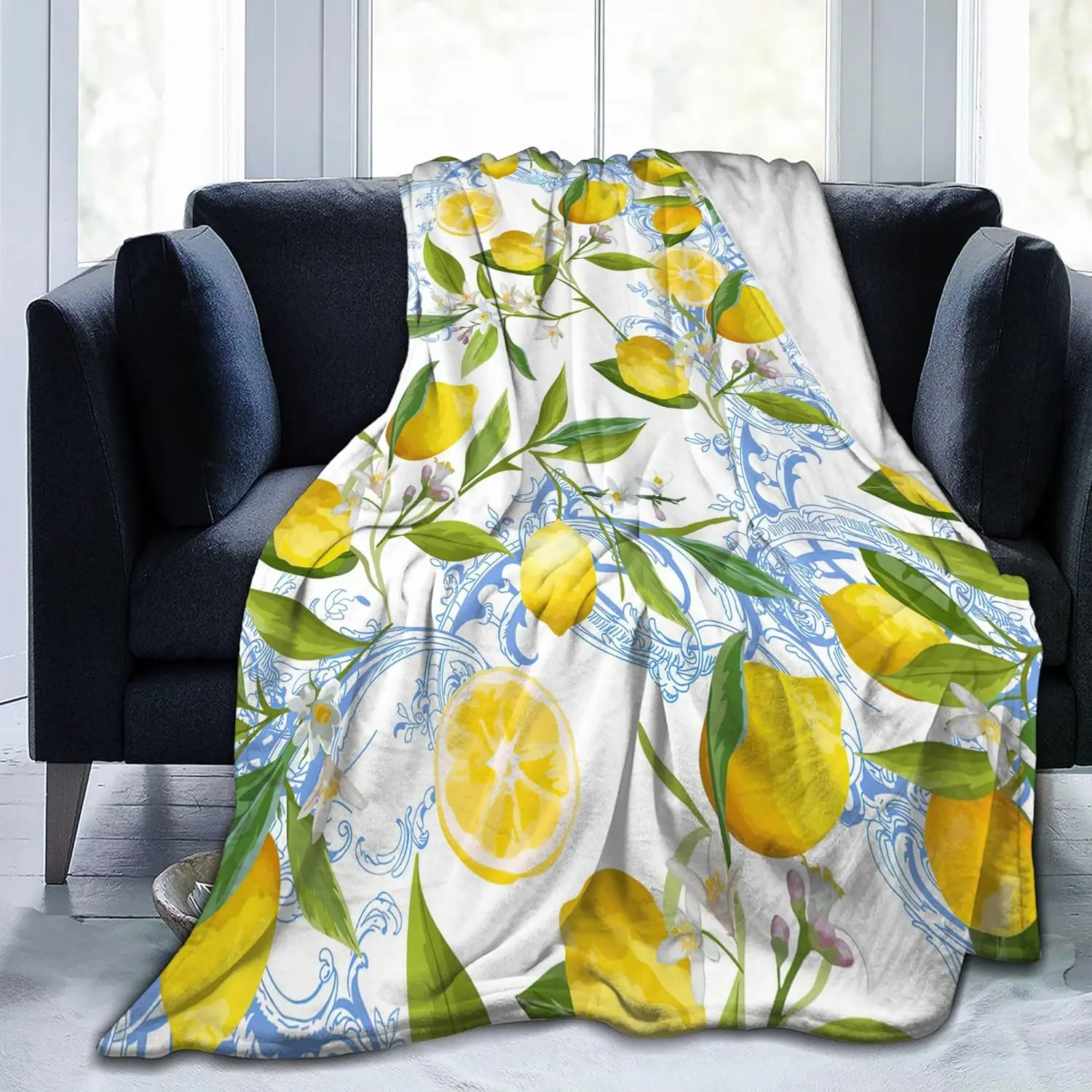 

Yellow Throw Blanket Gifts Lemon Fruit Floral Leaves Throw Country Spring Summer Rustic Lightweight Soft Cozy Blankets for Women