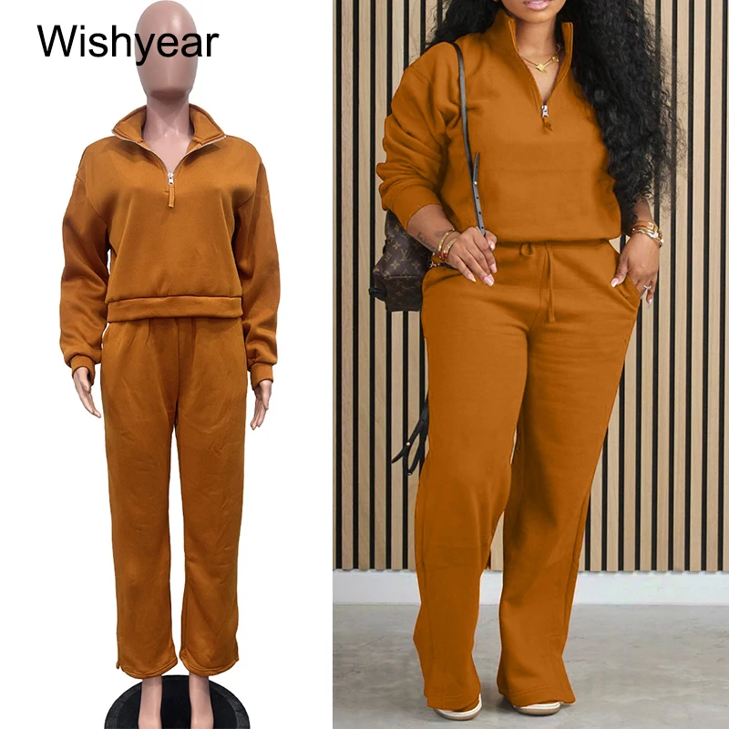 

Fashion Spring Fall Outfits Women Solid Color Stand Collar Long Sleeve Tops and Wide Leg Pants Two 2Piece Set Female Sportwear